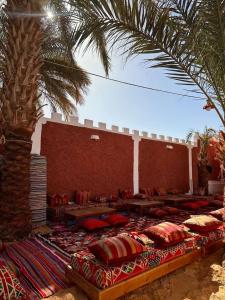 una fila de mesas con almohadas y una palmera en Dar El Hakim, le petit hôtel de Timimoun, en Timimoun
