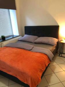 a bed with an orange blanket and two pillows at Charmante Wohnung Nahe Wiener Stadthalle in Vienna