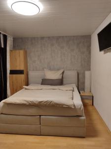 1 dormitorio con 1 cama grande y 1 colchón blanco en Komfortable Ferienwohnung in Flörsheim-Weilbach, en Flörsheim