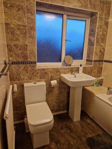 ein Bad mit einem WC, einem Waschbecken und einem Fenster in der Unterkunft 3 bedroom detached house centre of Whitchurch in Whitchurch