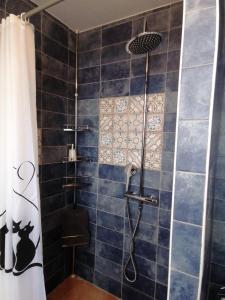 a bathroom with a shower with a blue tiled wall at Gîte 4 pers proche cure thermale, Futuroscope, calme et nature à La Roche Posay in La Roche-Posay +34 photos