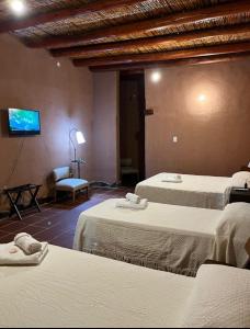 Habitación con 2 camas y TV en la pared. en Hotel de campo luna en Tinogasta