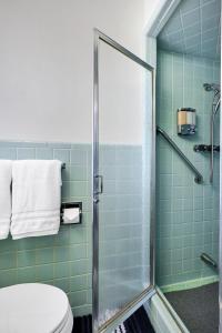 a bathroom with a toilet and a shower at North Park - A Birdy Vacation Rental in San Antonio