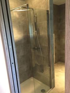 une douche avec une porte vitrée dans une salle de bain dans l'établissement Grand Studio moderne tout confort, à Porto-Vecchio