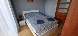 una piccola camera da letto con un letto con cuscini blu sopra di Kasia house a Varsavia