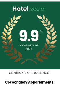 Certifikát, ocenenie alebo iný dokument vystavený v ubytovaní Cocoonabay Appartements 8