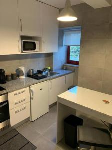 eine Küche mit weißen Schränken und einem Waschbecken in der Unterkunft Casa da Carvalha - Loriga in Loriga