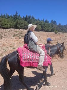 Uma mulher montada num cavalo com um homem. em Hotel des cedres,azrou maroc em Azrou