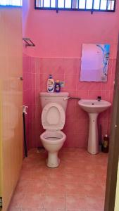 Baño de color rosa con aseo y lavamanos en AF Homestay Pantai Dungun, en Dungun