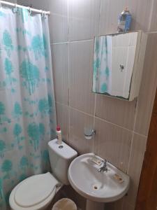 y baño con aseo, lavabo y espejo. en Raquel alojamiento en Puerto Iguazú