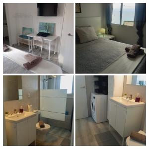 un collage de cuatro fotos de un dormitorio y un baño en Loft espectacular vista al mar, en Sitges