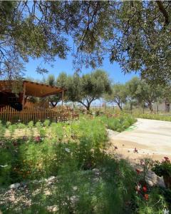 a garden with a wooden fence and flowers at Violet Village in Borsh