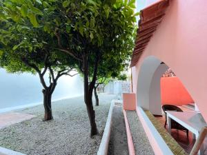 un edificio rosa con árboles en una playa en Villa Pomelia, Villa nel corso di Santa Marina Salina a 50 mt dal mare en Santa Marina Salina