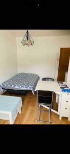 a room with two beds and a desk and a chair at Studio tout confort cité de la gastronomie (4) in Dijon