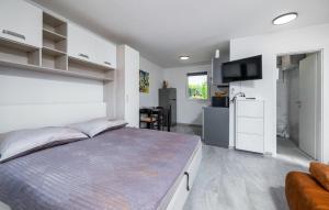 a bedroom with a large bed and a kitchen at House Peroj in Peroj