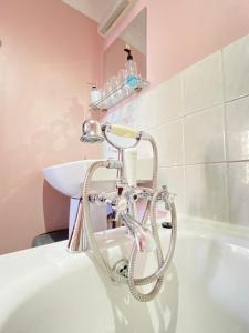 eine Badewanne mit einem Schlauch an einem Waschbecken in der Unterkunft Greyfriars Lodge Canterbury in Canterbury