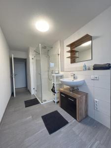 a bathroom with a sink and a shower at Ferienwohnung zur Birke in Neuhausen ob Eck