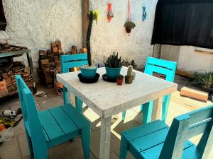 a table with blue chairs and plants on it at La casita de Manu in Guaymallen