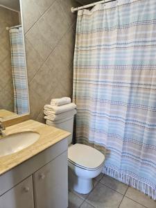 a bathroom with a toilet and a shower curtain at Espectacular Bahía Bonita depto 41 in Concón +3 photos
