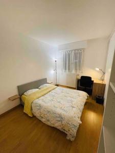 Appartement centre ville tout confort et spacieux في سيرُجي: غرفة نوم عليها سرير مع بطانية صفراء