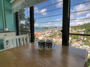 dos tazas de café sentadas en una mesa frente a una ventana en The Green Iguana Hotel, en Carlota Amalia