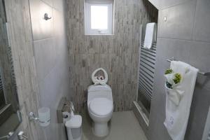 a small bathroom with a toilet and a window at Glaciar Union in Punta Arenas