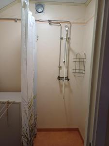 y baño con ducha y cortina de ducha. en Kiruna accommodation Gustaf wikmansgatan 6b (6 pers appartment), en Kiruna