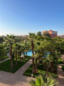 uitzicht op een park met palmbomen en een zwembad bij Appartement Hivernage M Avenue in Marrakesh