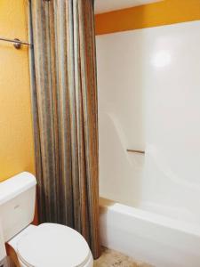 a bathroom with a toilet and a shower curtain at Lakefront Casita - Perfect for couples or families in Hot Springs