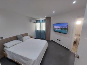 Yaque Suite في El Yaque: غرفة نوم مع سرير وتلفزيون على الحائط