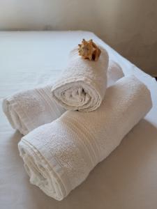 a roll of toilet paper sitting on a bed at Chalé Flor do Ser in Canoa Quebrada