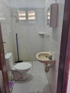 a bathroom with a toilet and a sink at Chalé Flor do Ser in Canoa Quebrada