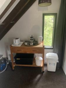 a room with a table with a microwave and a toilet at Arden Country House - The Chalet Bed and Breakfast in Dunedin