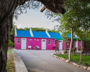 a pink building with a blue roof at Landhuis Daniel - Plantation House in Tera Kora