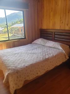Bett in einem Zimmer mit einem großen Fenster in der Unterkunft Cabañas Rogelio in Liquiñe