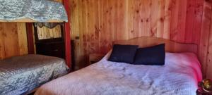 ein Schlafzimmer mit einem Bett in einem Holzzimmer in der Unterkunft Cabañas Rogelio in Liquiñe