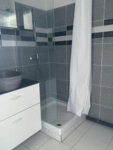 a shower with a glass door in a bathroom at Charmant studio vue mer SANS COUPURE D'EAU 2 étoiles in Le Gosier +13 photos