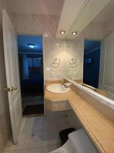 een badkamer met een wastafel en een spiegel bij Tu hogar en la mitad del mundo. in Quito