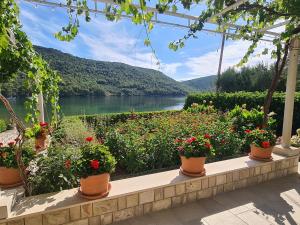 a garden with flowers and a view of a lake at Apartments by the sea Broce, Peljesac - 13182 in Ston