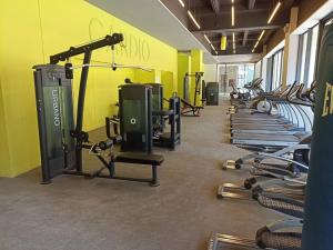 een fitnessruimte met rijen hometrainers en loopbanden bij NSI Anseli in Mexico-Stad