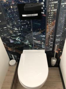 a toilet in a room with a view of a city at Hausboot Albatros in Mücheln