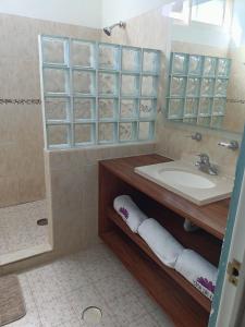 W łazience znajduje się umywalka i lustro. w obiekcie Casa las Flores w mieście Puerto Vallarta