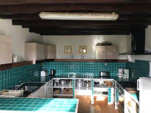 a kitchen with a blue tiled counter top at Longère rénovée proche du Mans avec jardin et salle de jeux - FR-1-410-248 in Moncé-en-Belin