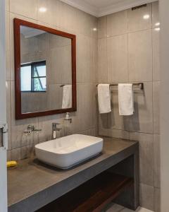 uma casa de banho com um lavatório e um espelho em Jacaranda Lodge em Victoria Falls