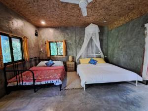 twee bedden in een kamer met groene muren bij Big hug home-Forest House in Ban Takhrai