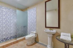 a bathroom with a toilet and a sink and a mirror at Hotel D'Cornelio in Santo Domingo