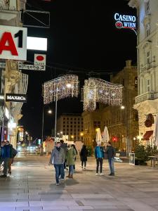 un grupo de personas caminando por una calle con luces en Apartment opera 1, en Viena