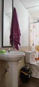 uma casa de banho com um lavatório, um WC e uma toalha roxa em Casa de George em Urubamba