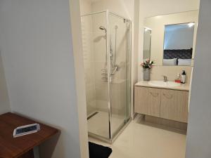 a bathroom with a shower and a sink at Timeless Safaris in Devon Meadows