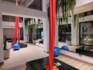 a gym with blue balls and red ribbon at Apartamento moderno en cayala, Guatemala. in Guatemala